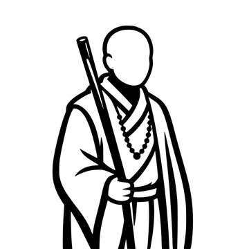 Temple Monk with Prayer Beads and Wooden Staff Vector Character Illustration