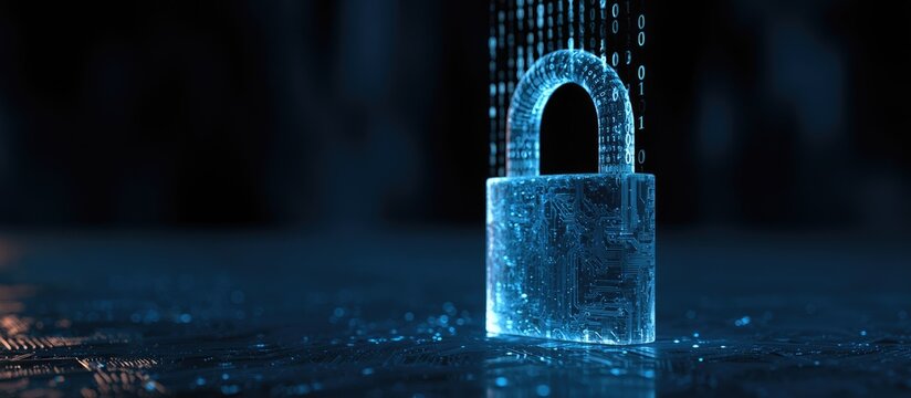 Glowing blue digital lock with falling binary code against dark background