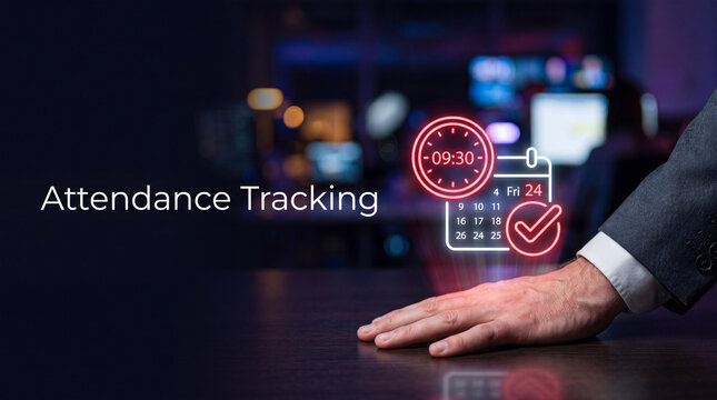 Attendance tracking concept. Businessman using digital clock and calendar interface.