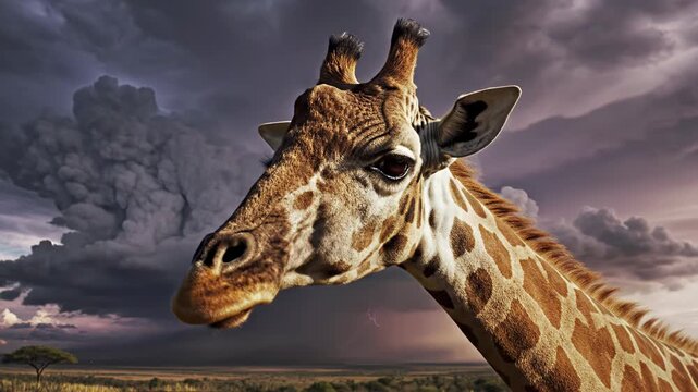 Close-up portrait of a giraffe head and neck against a dramatic stormy African savanna sky with dark clouds, distant rainfall, and twilight lighting over the wilderness.