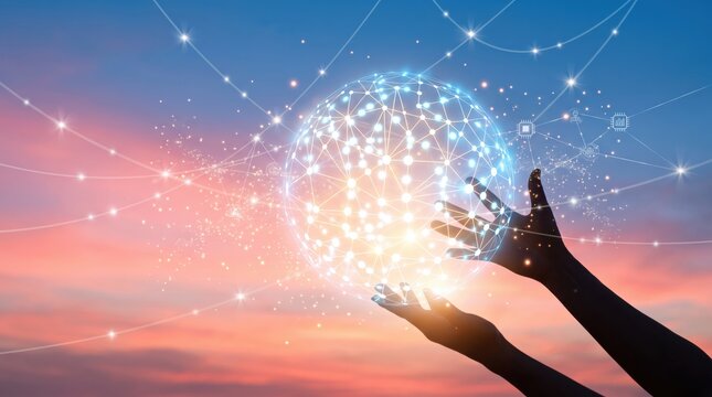Hands holding glowing digital globe network connection against sunset sky, representing global communication, technology future and worldwide internet connectivity