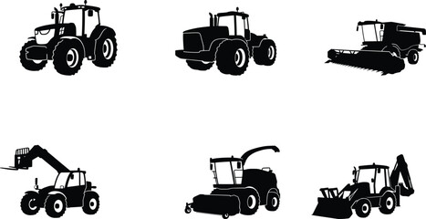 Heavy Agricultural Machinery Vector Silhouette Set Featuring Modern Tractor Combine Harvester Telehandler Forage Harvester and Backhoe Loader © Mst Shamima