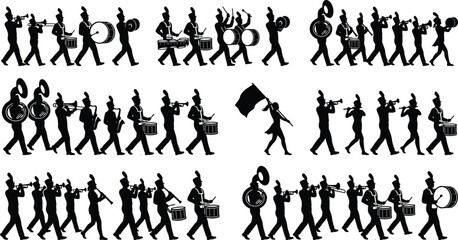 Marching Band Silhouette Set Featuring Musicians Playing Brass Woodwind and Percussion Instruments with Flag Bearer for Parade and Music Events © Mst Shamima