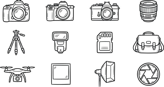 Photography equipment doodle icon set featuring cameras lenses tripod flash memory card drone and lighting gear
