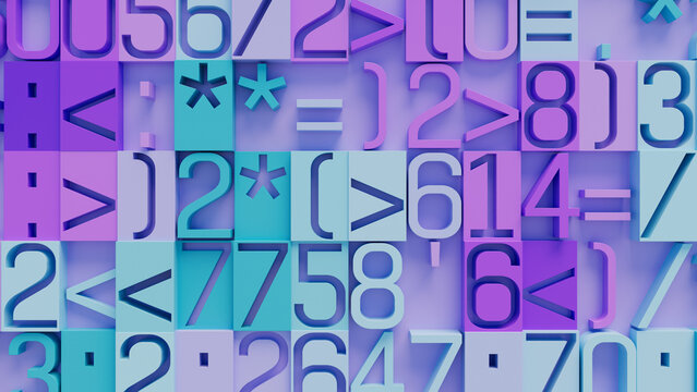 Dynamic Arrangement of Vibrant Geometric Shapes and Symbols in Purple, Blue, and Pink on Light Purple Background, Eye-Catching Abstract Art for Technology and Creative Design Projects