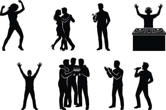 Nightclub party silhouettes set featuring dancing people, couple, dj, singer, drinking, clapping, and celebrating friends