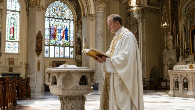 Priest reading baptism prayers in bright natural light with refined editorial view and natural stock