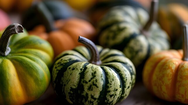 A vibrant collection of autumn pumpkins featuring varied colors and patterns including green striped  orange speckled  and classic orange varieties