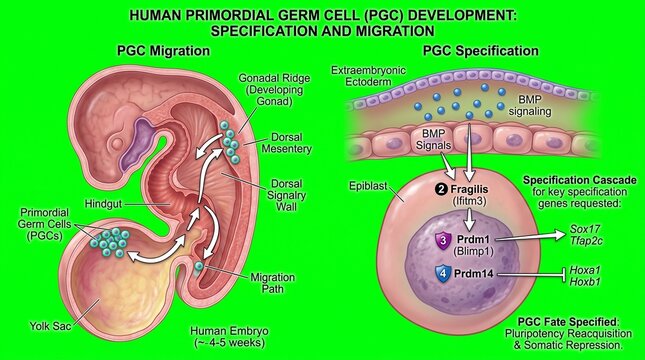 Human primordial germ cell development. PGC specification and migration in embryo.