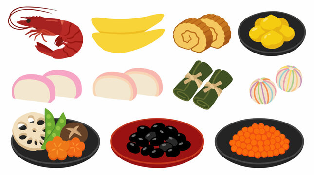 Traditional Japanese New Year's Food Osechi Ryori Set Illustration