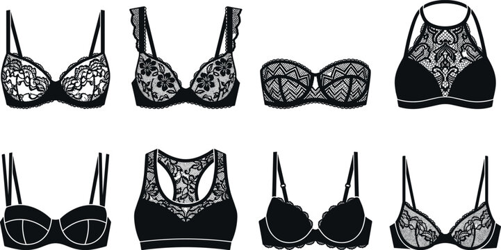 Womens Lace Lingerie and Bra Silhouette Icon Set Featuring Balconette Strapless Bralette Sports Bra and Push Up Styles