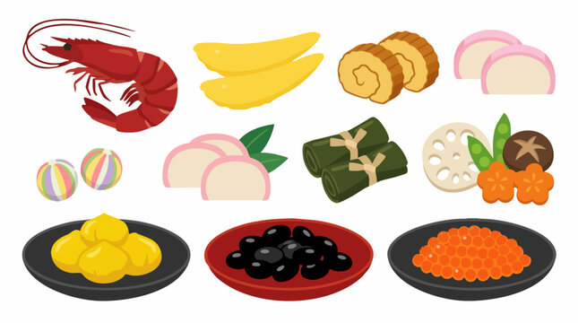 Traditional Japanese Osechi Ryori New Year dishes assortment vector