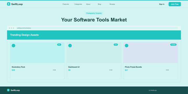 Software tools marketplace with trending design assets and product listings including illustration pack dashboard ui photo preset bundle.