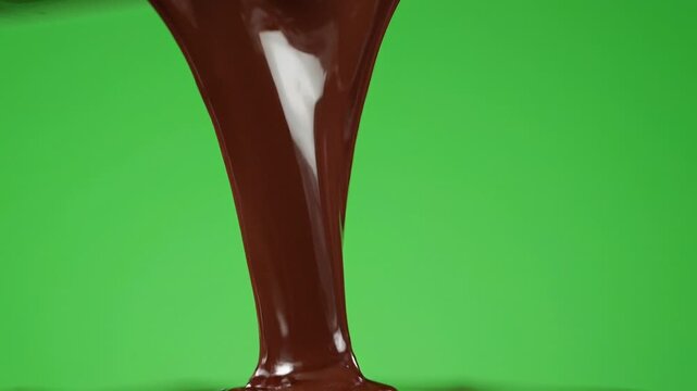 Thick, glossy melted chocolate dripping slowly on vibrant green background