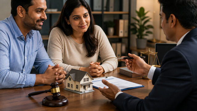 Couple meeting with lawyer for real estate. Clients discussing property purchase agreement.