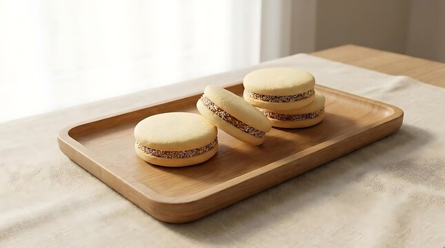A traditional alfajor dessert platter featuring three soft cornstarch cookies filled with sweet creamy dulce de leche served on a wooden tray at home