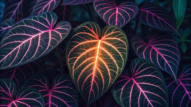 Neon glowing veins on exotic dark tropical foliage leaves with botanical tropical abstract contrast background