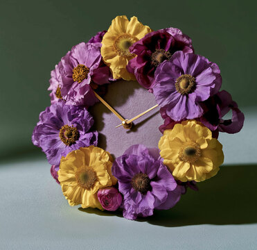 Floral wall clock made from purple and yellow blooms. Perfect for botanical decor and spring design advertising.