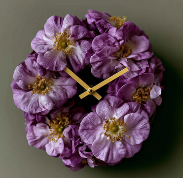 Round clock covered with purple flowers and gold hands. Ideal for floral home decor and luxury botanical campaigns.