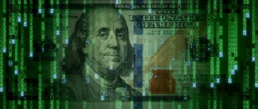Electronic Cash Concept with One Hundred Dollar Bill made up of Animated Code. Innovative Banking Wallpaper.