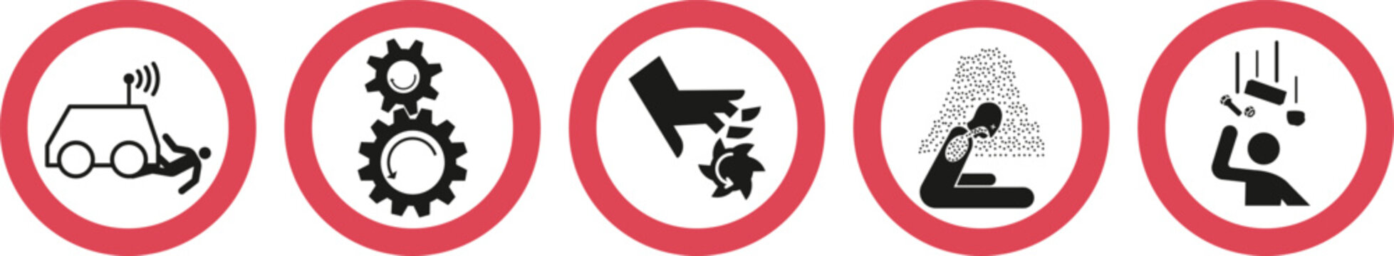 Five construction safety hazard icons in circles