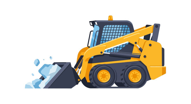 Yellow Skid Steer Loader Removing Snow, Vector Illustration of Compact Industrial Excavator for Winter Service