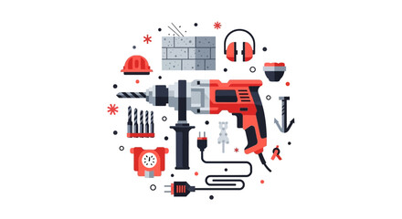 Naklejka premium Professional Rotary Hammer Drill and Construction Tools Flat Vector Illustration for DIY and Home Improvement