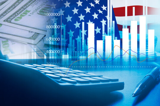 US investment , trade policy , business graph and dollars banknote , tax calculation rate
