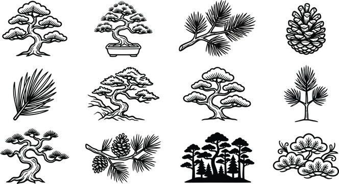 Set of hand drawn pine trees and bonsai icons in black and white ink sketch style