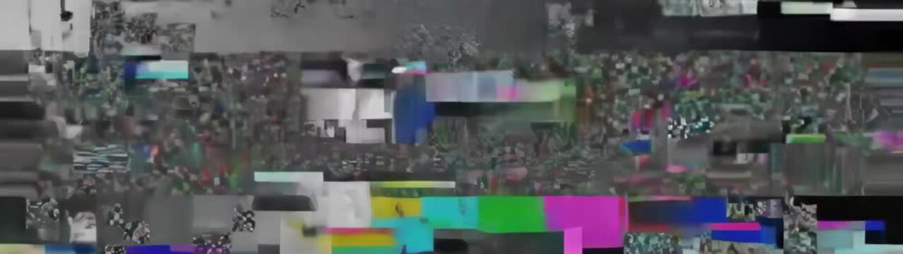 Glitch effect showing digital errors and corrupted data Signal interference distorting information creating screen noise.