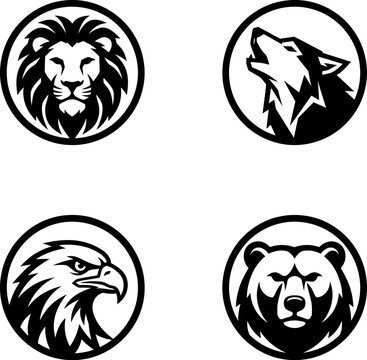Set of four circular animal head icons featuring a lion wolf eagle and bear in a minimalist black and white vector illustration style for design