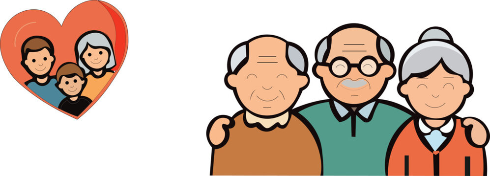 A vector illustration design featuring a family inside a red heart and a group of three smiling senior citizens.