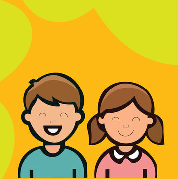 A smiling children portrait icon design featuring a boy and a girl with pigtails against a colorful background.