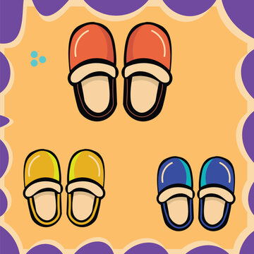 An educational flashcard design featuring colorful pairs of slippers including orange, yellow, and blue house shoes.