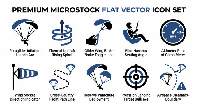 A comprehensive set of blue and black paragliding icons showing launch arcs, thermal updrafts, glider brakes, harnesses, and instruments.