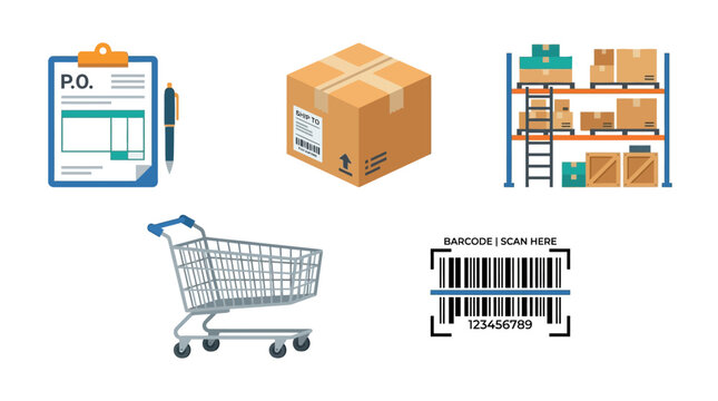 Purchase order and supply chain logistics flat vector icons set depicting retail shopping and inventory management