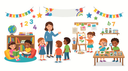 Fototapeta premium School open house promotional banner design featuring diverse children engaged in reading, science experiments, and art activities with a teacher in a vibrant classroom setting for educational events