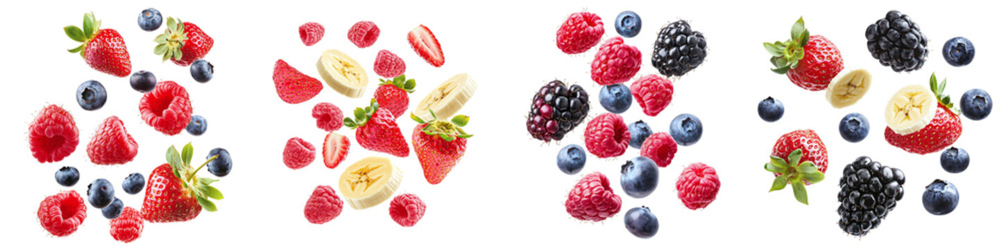 Set collection of falling fruit and berry slices: banana, strawberry, blackberry, blueberry, and raspberry, isolated on a transparent background PNG, template, mockup, cut out