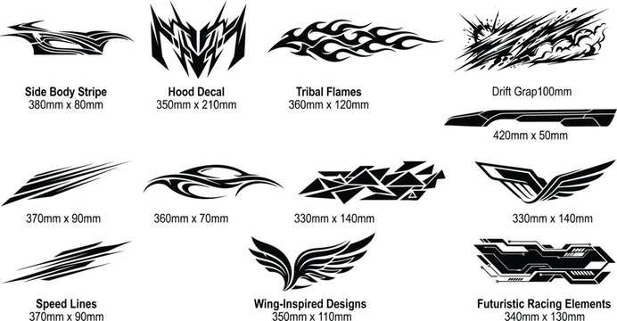 Collection of black vinyl car decals featuring tribal flames, speed lines, wing motifs, and geometric racing patterns for vehicle customization