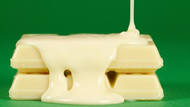 Creamy white chocolate syrup dripping over stacked waffles on green background