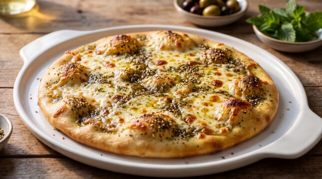 A delicious round zaatar pizza with melted cheese on a white ceramic serving platter on wood table.