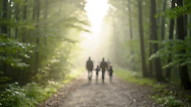 Blurred image of a family walking hand-in-hand down a sun-dappled forest path, surrounded by tall green trees and morning mist.