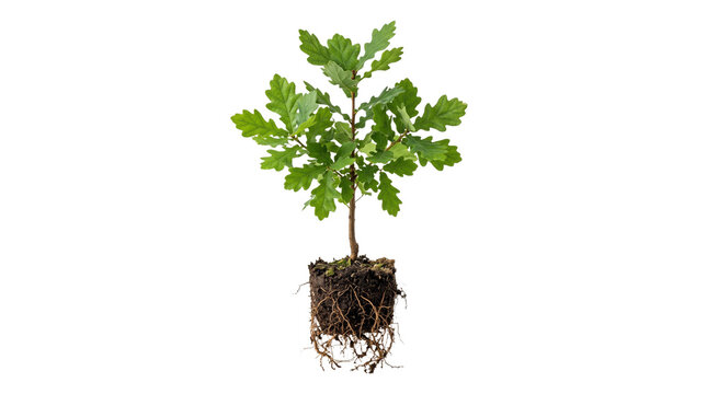A healthy young tree seedling with lush green leaves and a natural soil root ball, realistic botanical details, isolated on transparent background