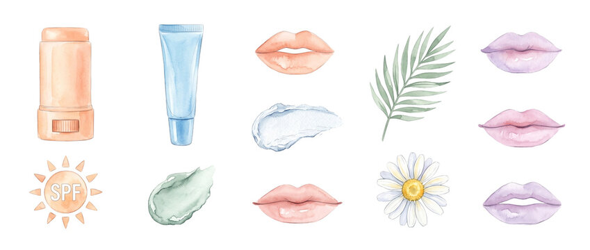 Watercolor lip balm skincare set featuring cosmetics tube, lip care balm stick, SPF sun protection icon, cream smears, daisy flower, and leaves isolated on black for beauty product design and wellness