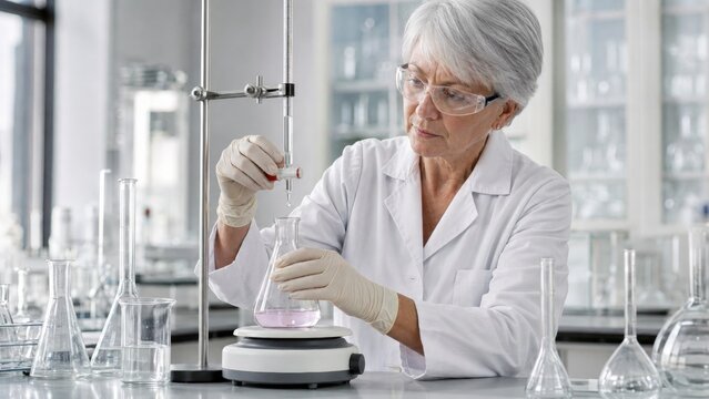 Senior female scientist conducting research in a chemistry laboratory with glassware and a titration apparatus.