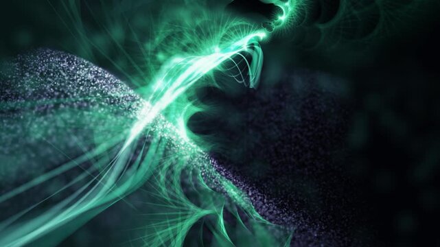 A mesmerizing, continuous video of abstract luminous green energy forms flowing and interacting against a deep dark background