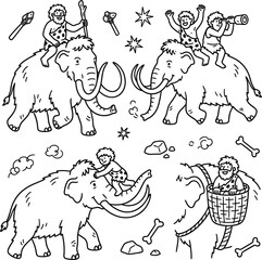 Cavemen riding woolly mammoths black and white vector illustration with prehistoric elements