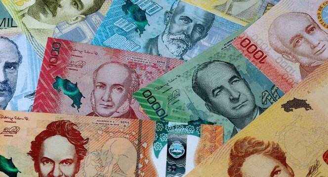 Costa Rican colon money bills in pile on table. Costa Rica CRC currency cash close up