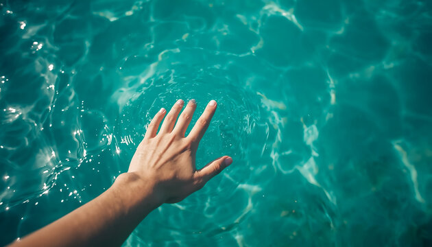 Hand reaching into clear blue water. Person touching refreshing pool surface in summer.