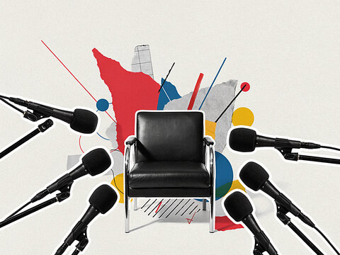Modern black leather chair surrounded by multiple microphones in a creative collage concept representing media interviews and press conferences